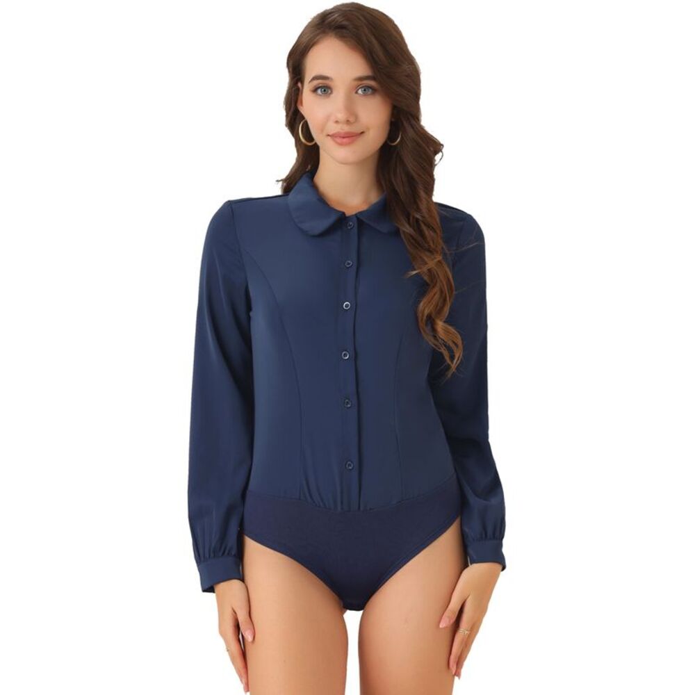 Button Down Leotard Shirt Long Sleeve Work Blouse Tops Dark Blue